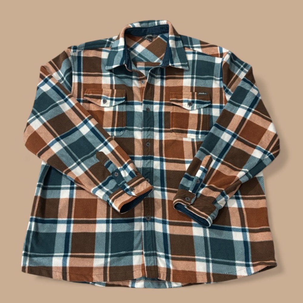 Eddie Bauer Mens Plaid Fleece Long Sleeve Button Up Shirt Jacket Size XL